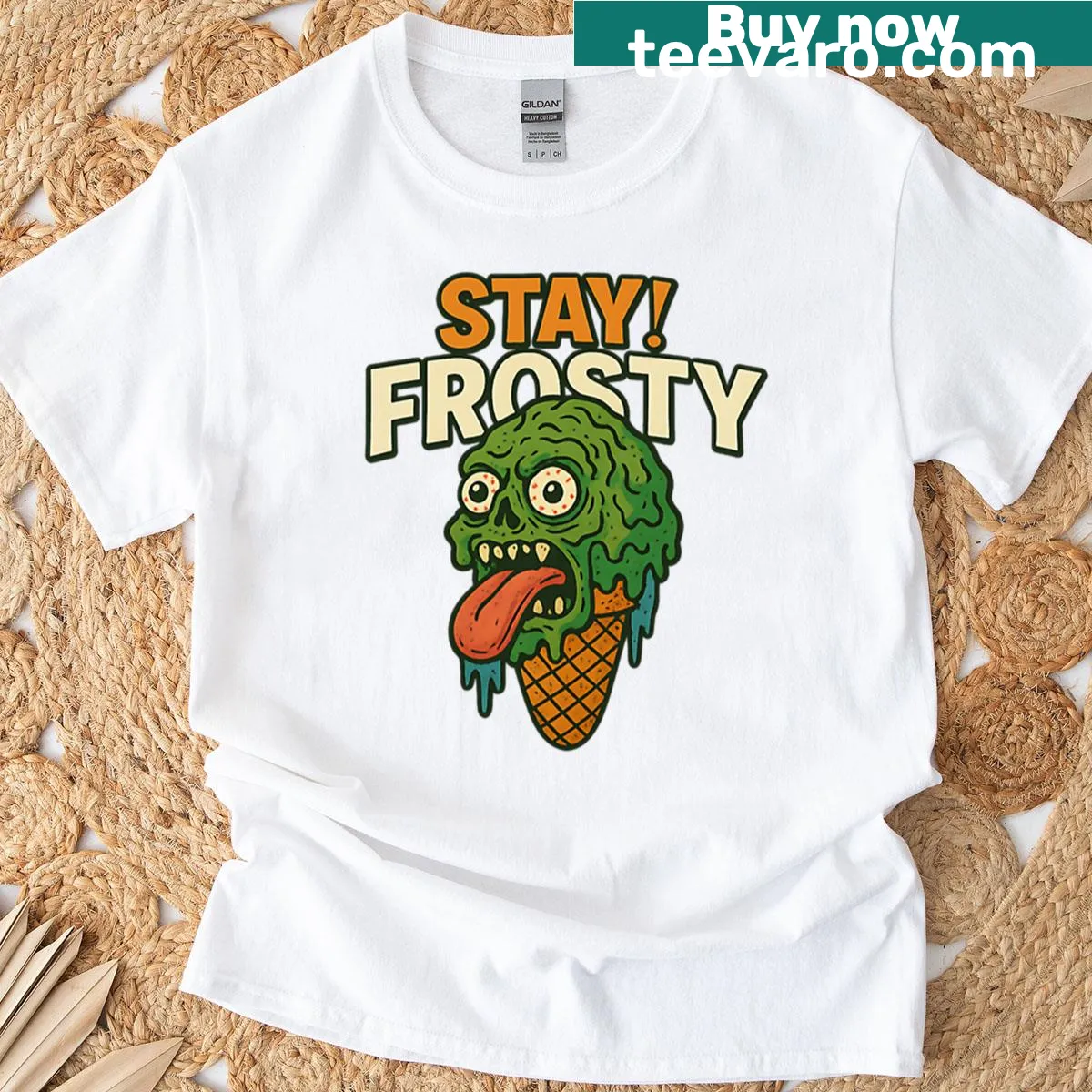 Cartoon zombie ice cream cone graphic on T-shirt — on a men's t-shirt