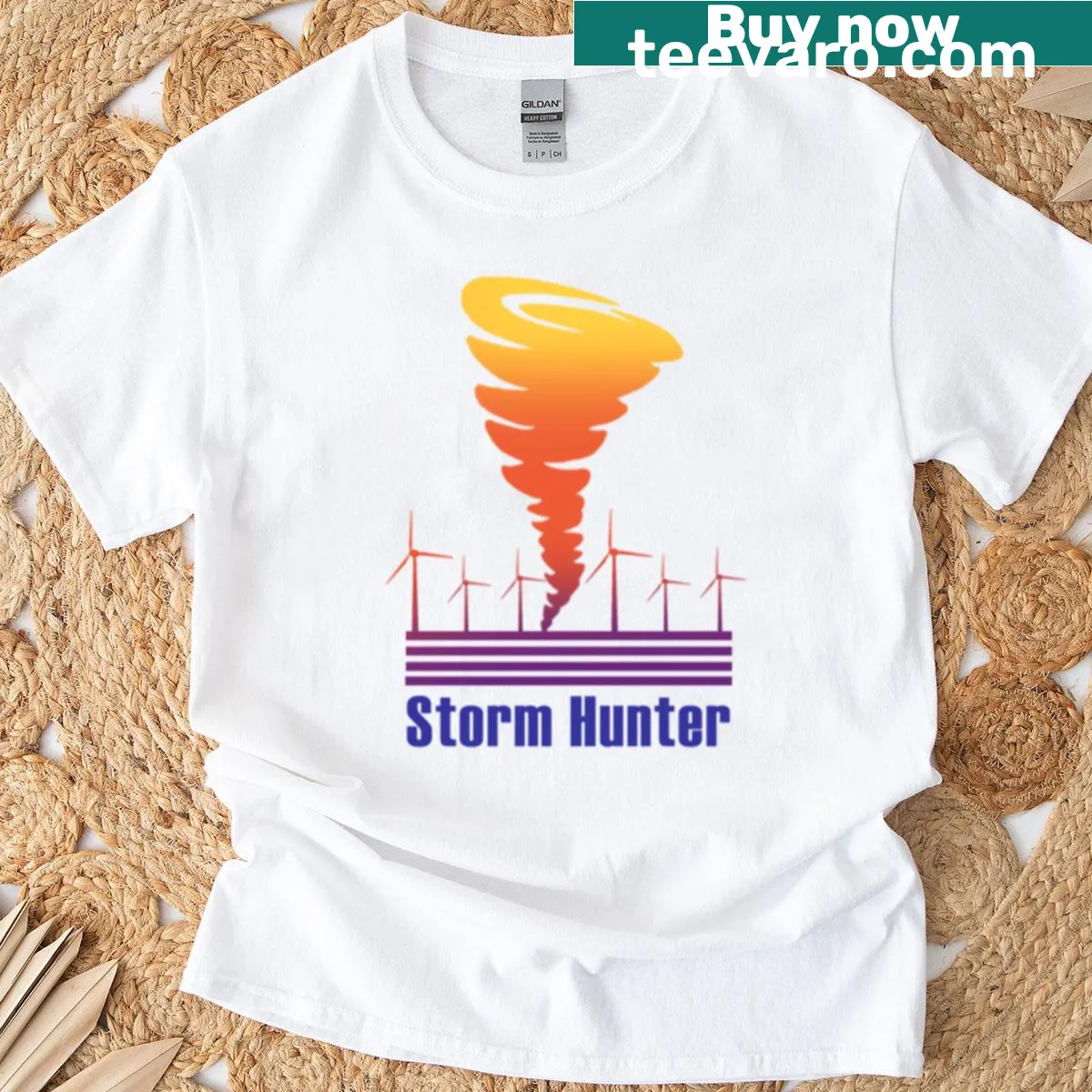 Bold typography T-shirt with 'Storm Hunter Born For The Chase' text — on a men's t-shirt