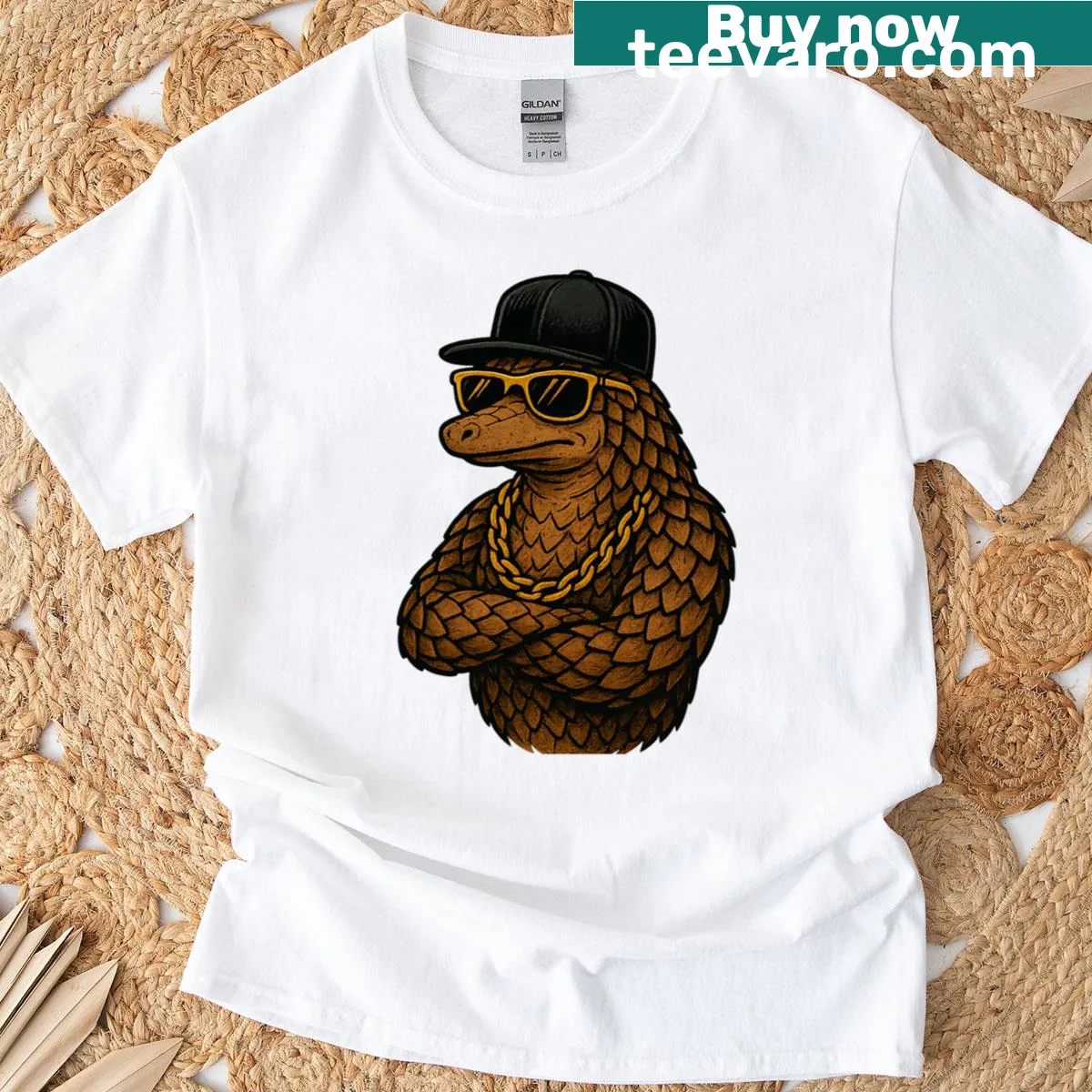 Illustrated streetwise pangolin graphic on T-shirt — on a men's t-shirt