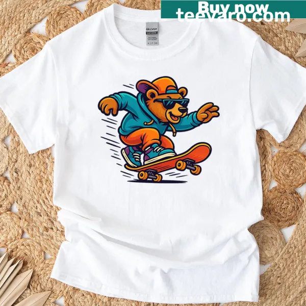 Playful bear illustration on a skateboard featured on a T-shirt