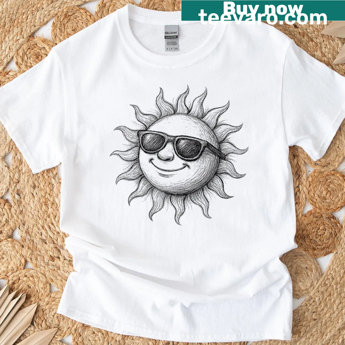 Cute smiling sun illustration T-shirt for summer vibes — on a men's t-shirt