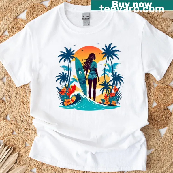 Illustrative shirt of a surf girl against a sunset background