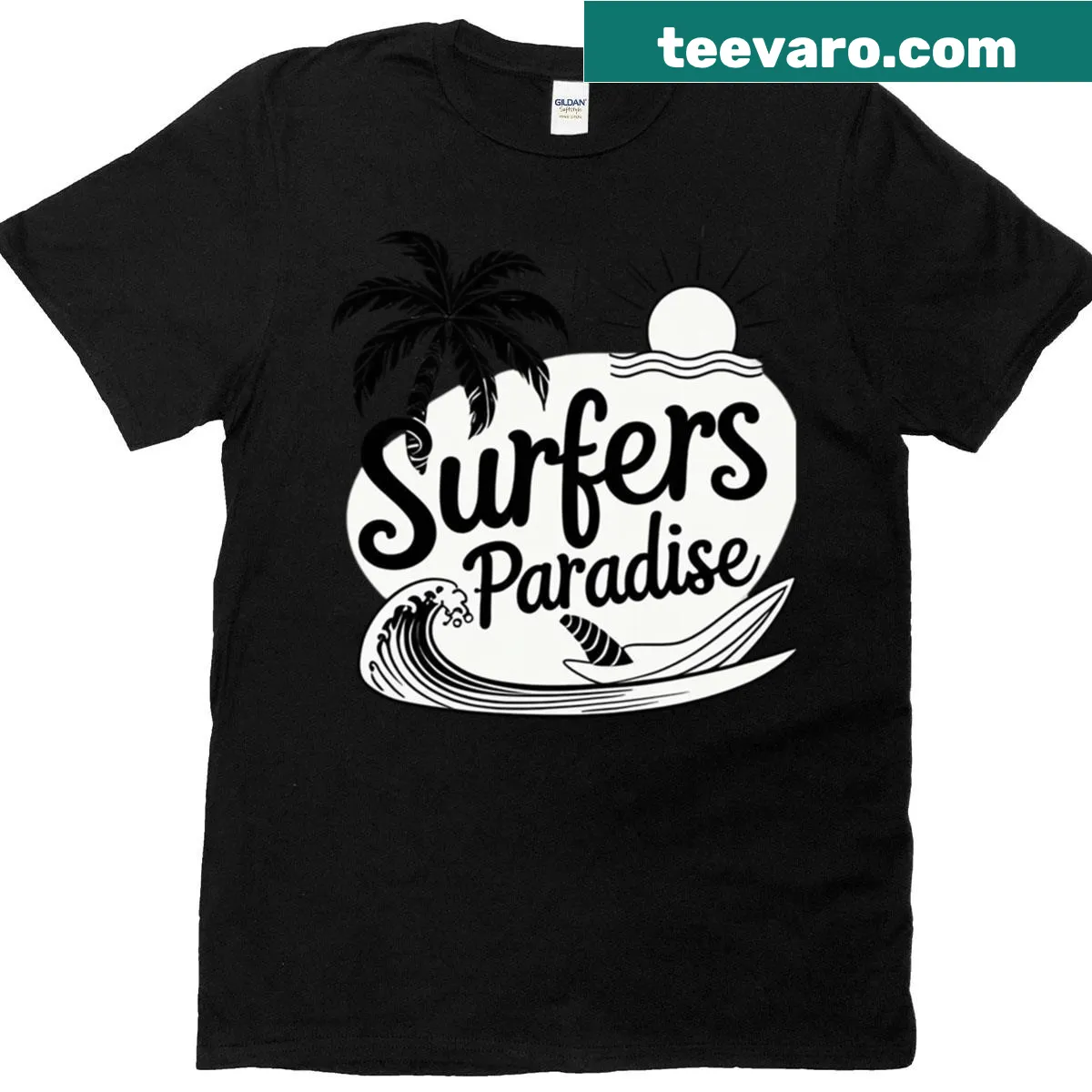 Illustrative t-shirt featuring palm trees and surf culture from Surfers Paradise — on a men's t-shirt