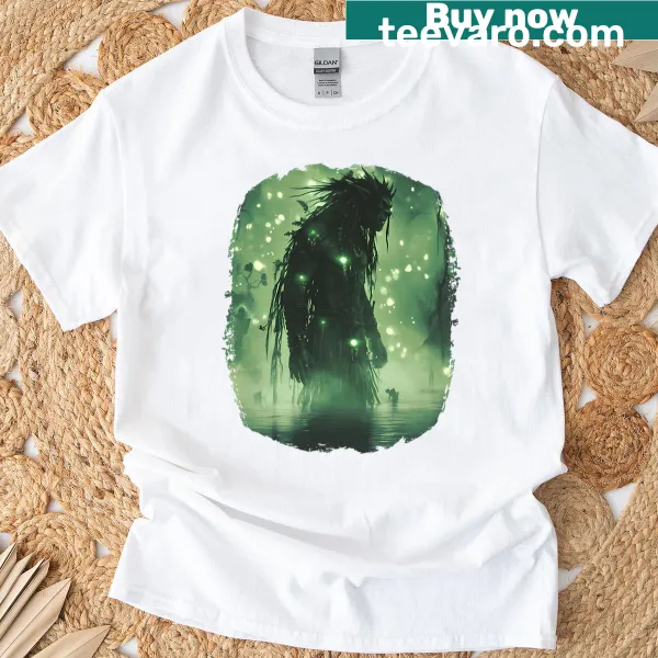 Illustration of a swamp demon with a glowing aura on a T-shirt