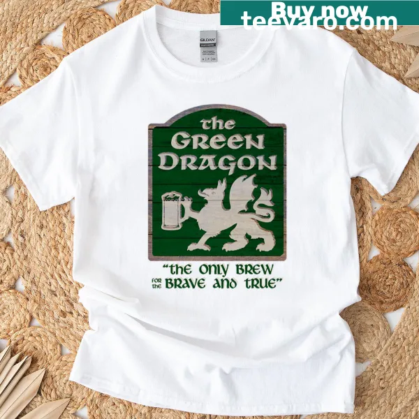 Illustration of a playful green dragon mid-flight on a T-shirt
