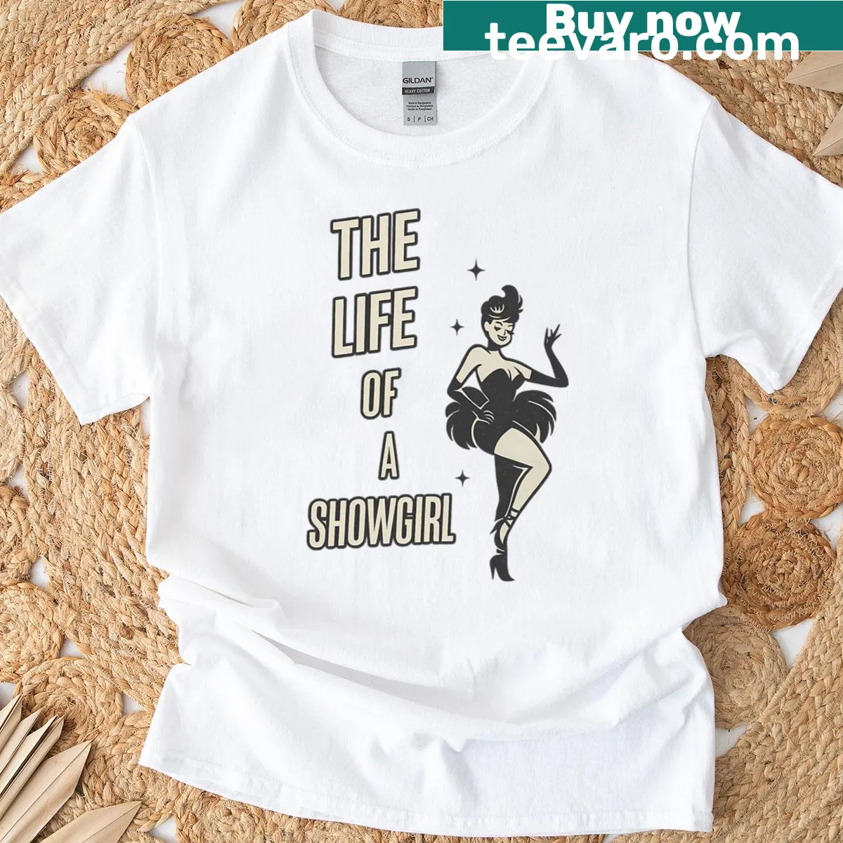 Vintage showgirl graphic t-shirt with retro design — on a men's t-shirt