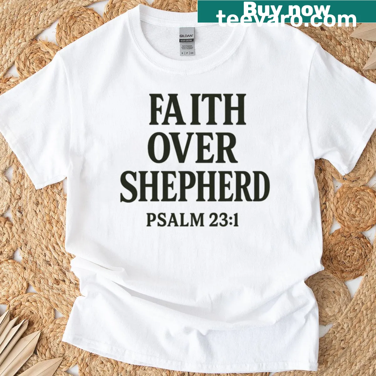 Bold typography T-shirt with Christian phrase from Psalm 23 — on a men's t-shirt