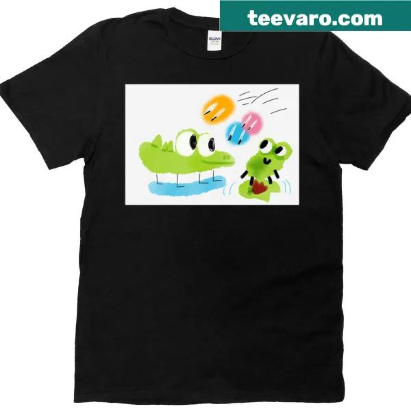 T-shirt with playful cartoon design of Puffballs, alligator, and frog