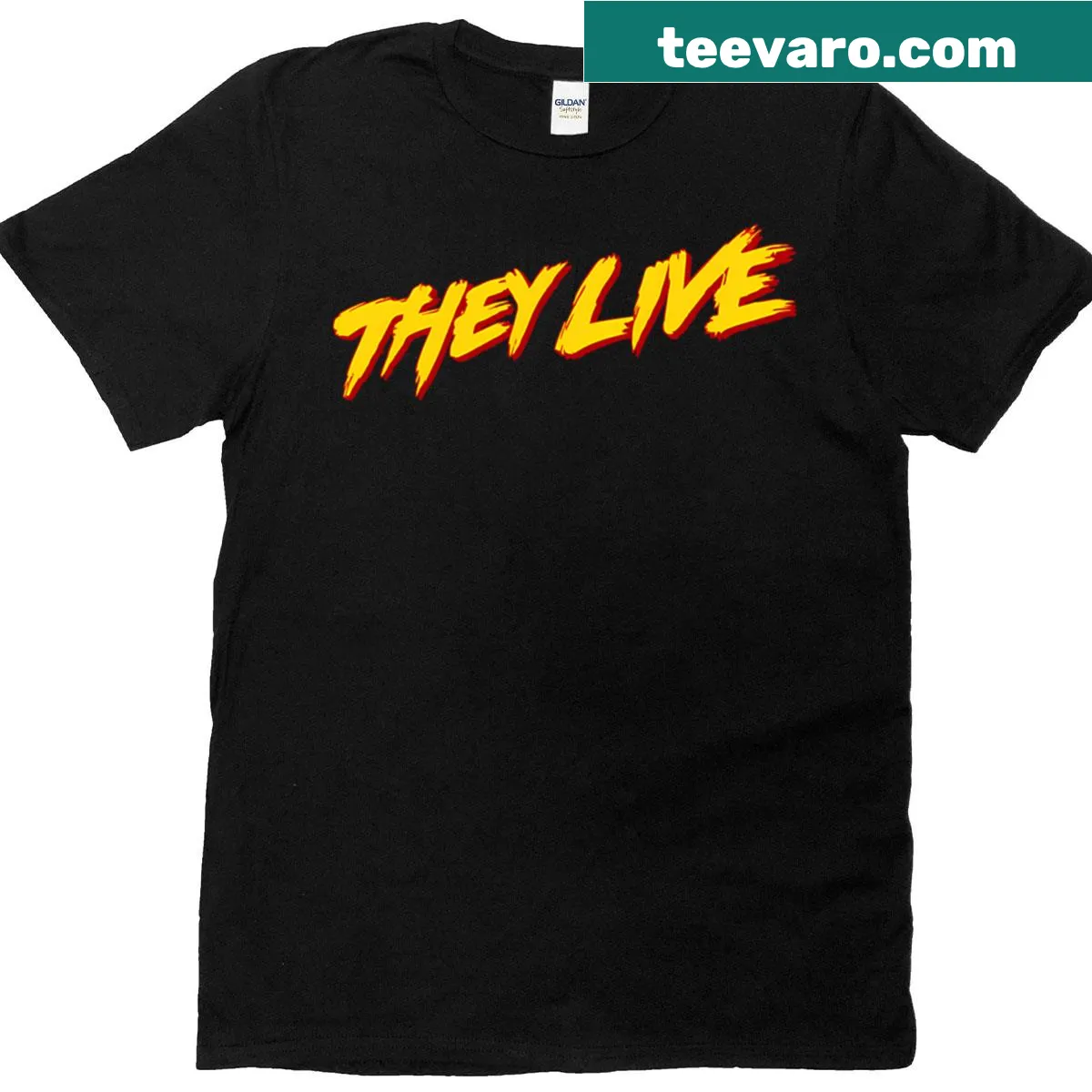 Retro t-shirt inspired by the film They Live with iconic imagery — on a men's t-shirt