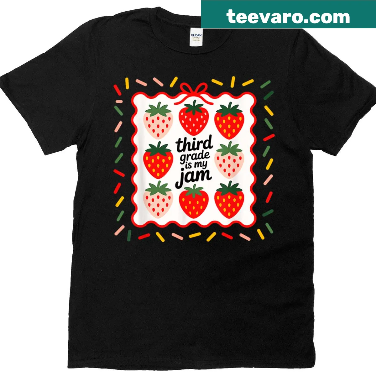 Strawberry graphic with text 'Third Grade Is My Jam' for teachers — on a men's t-shirt