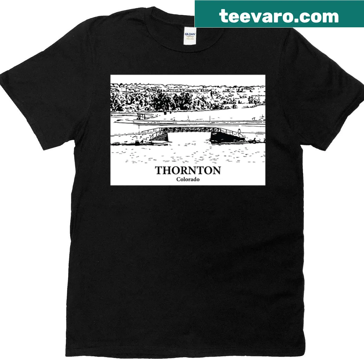 Illustrated T-shirt representing Thornton, Colorado — on a men's t-shirt
