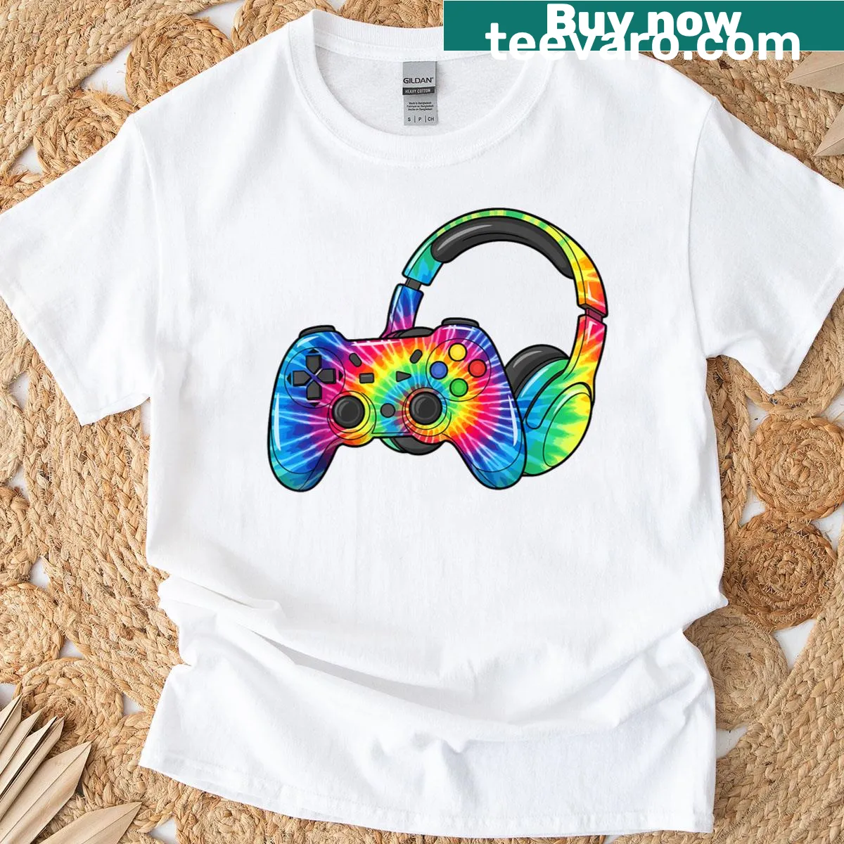 Gaming-themed T-shirt with headset and controller graphic. — on a men's t-shirt