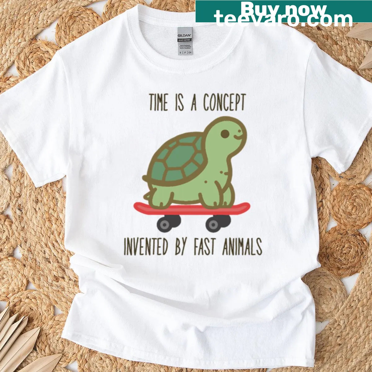 Playful T-shirt featuring a turtle and quirky text about time — on a men's t-shirt