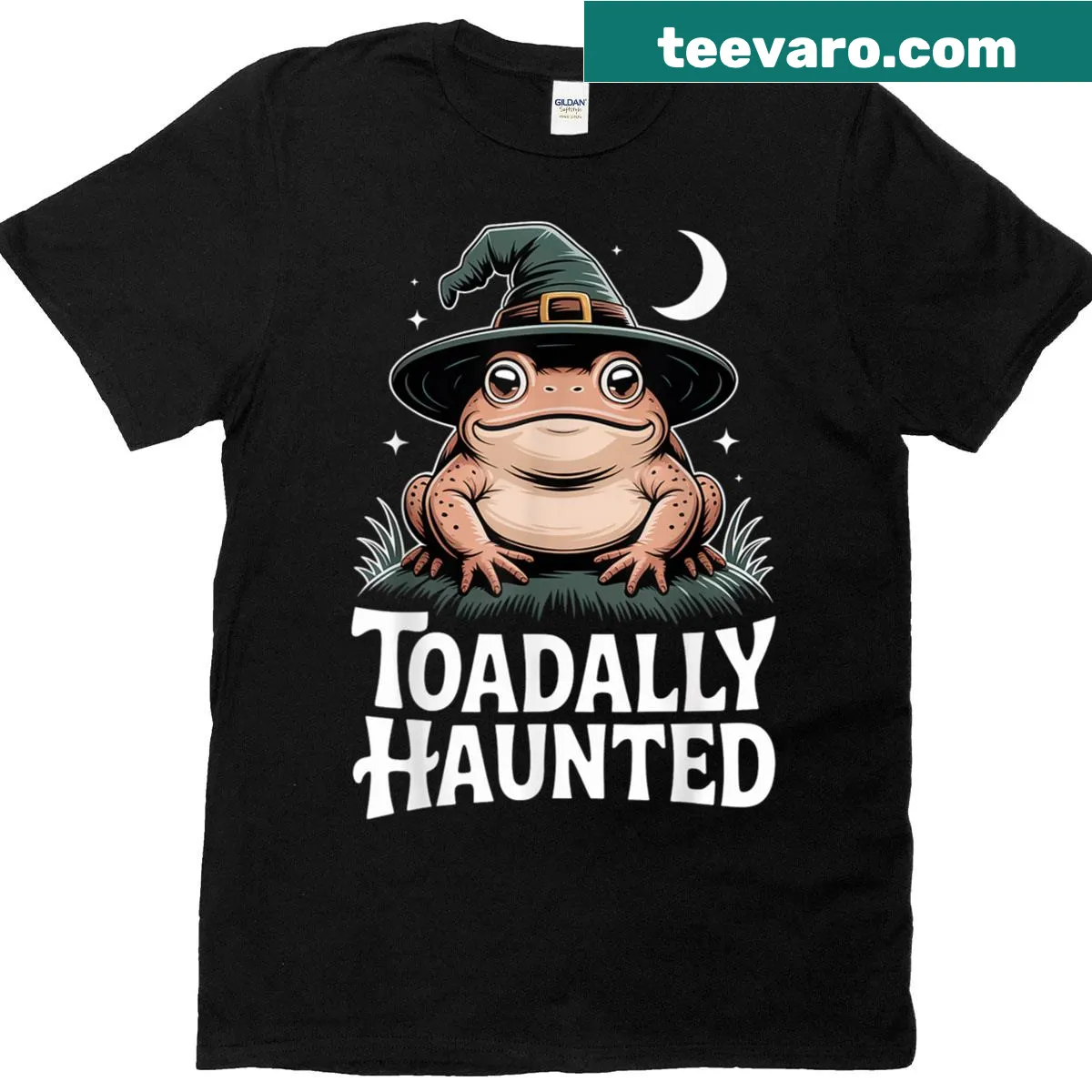 Halloween T-shirt with a cartoon witchy toad illustration — on a men's t-shirt