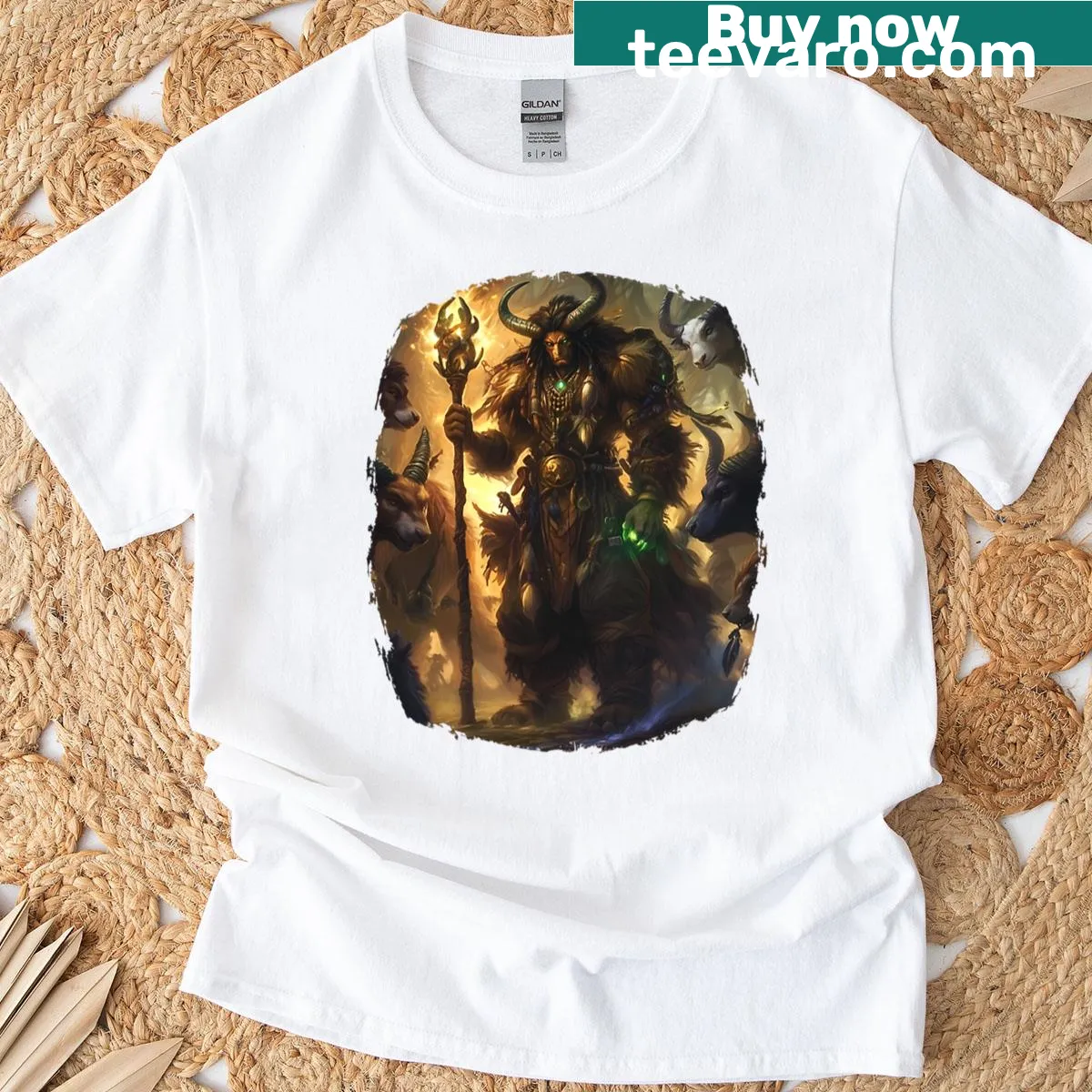 Illustrative T-shirt featuring a tribal mage with animal spirits and nature — on a men's t-shirt