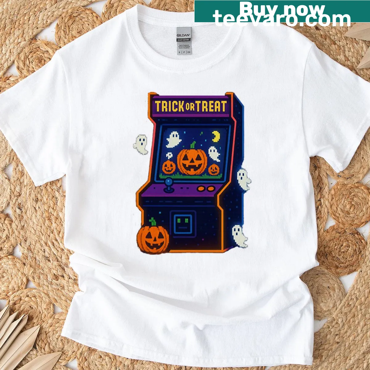 Retro Halloween T-shirt featuring arcade graphics and Trick Or Treat theme — on a men's t-shirt