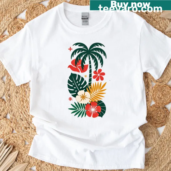 Tropical T-shirt featuring illustrated palm trees in harmony