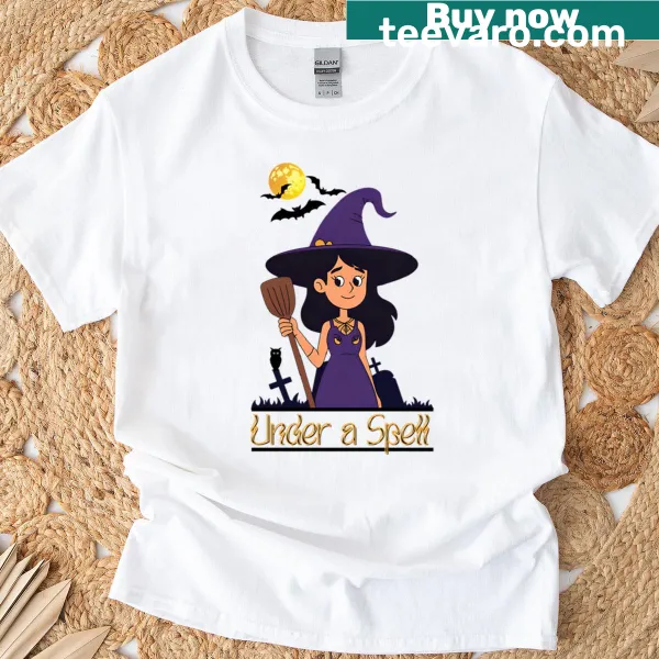 Graphic print of a witch with moonlight on Halloween T-shirt