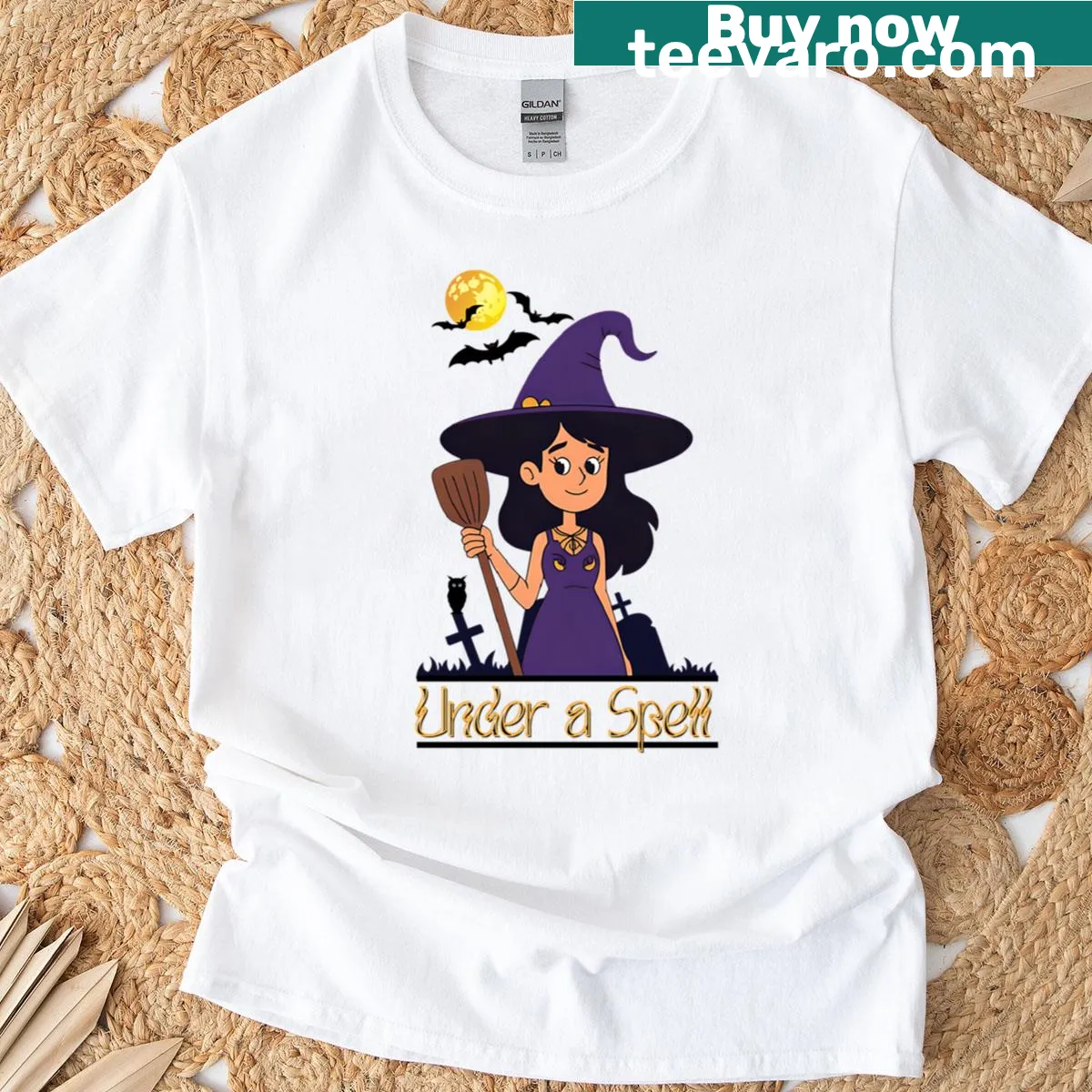 Graphic print of a witch with moonlight on Halloween T-shirt — on a men's t-shirt