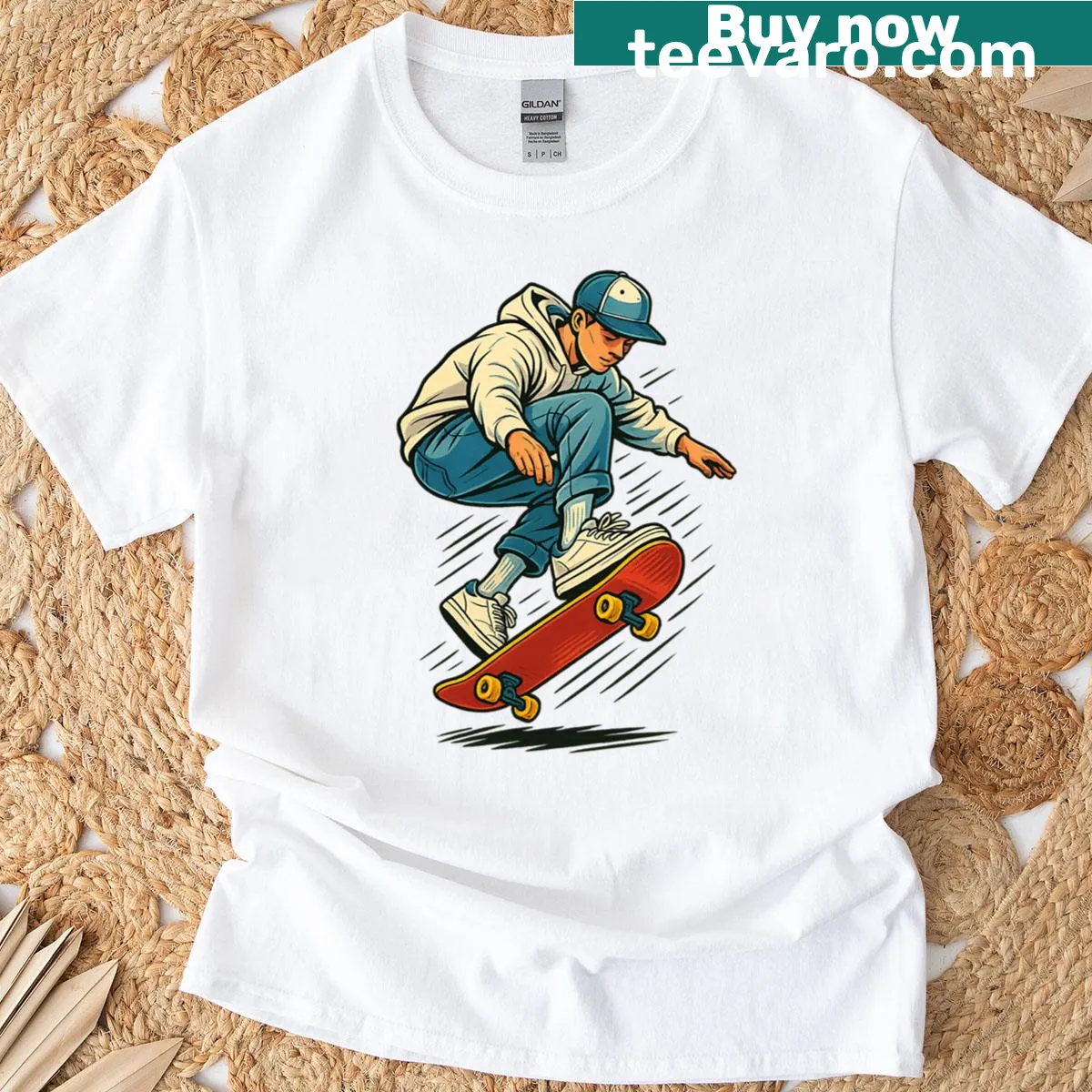 Retro illustration T-shirt featuring an urban skater jumping — on a men's t-shirt