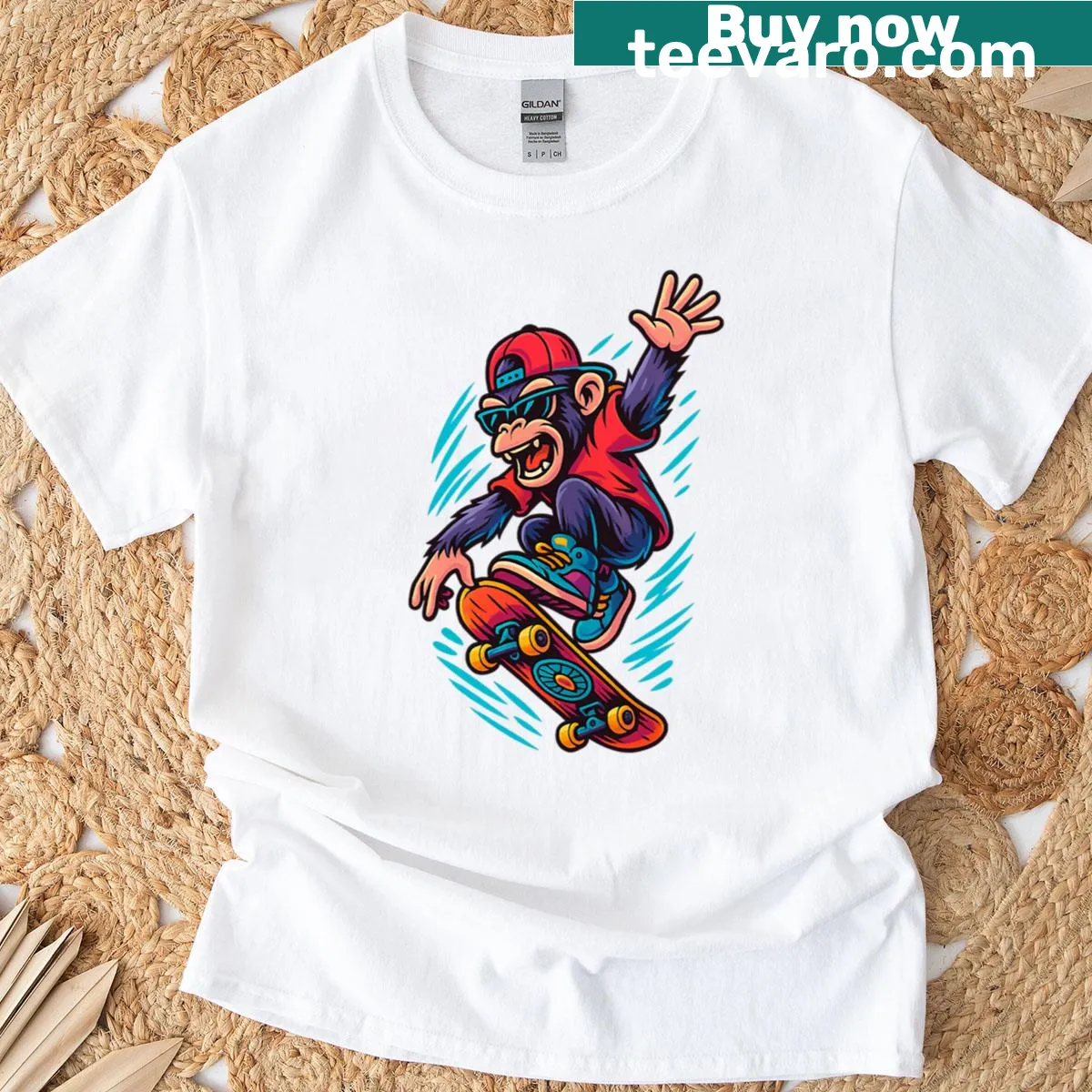 Illustrative skater T-shirt featuring a jumpsuit design and a skateboarder — on a men's t-shirt