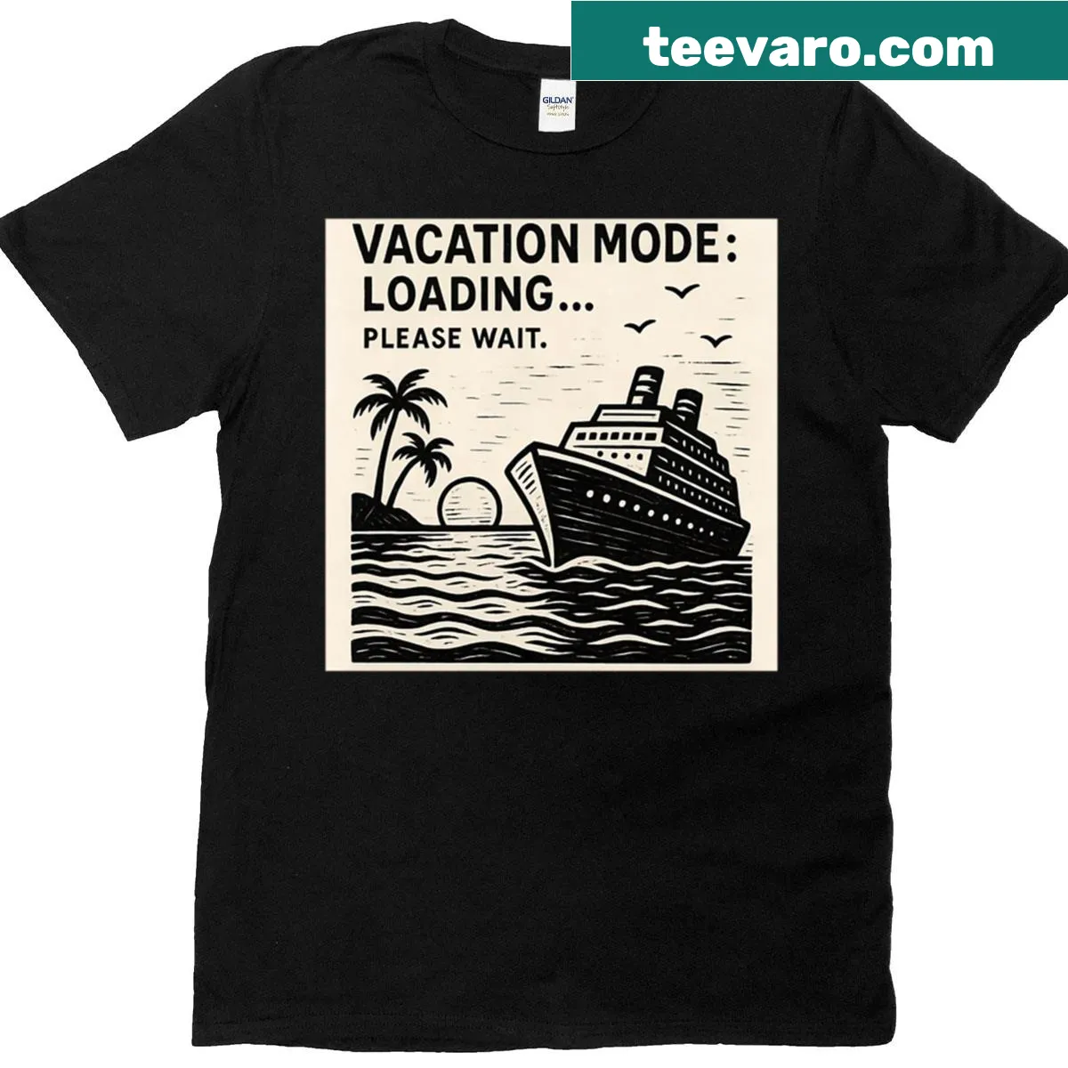 Minimalist cruise ship design t-shirt with vacation theme — on a men's t-shirt