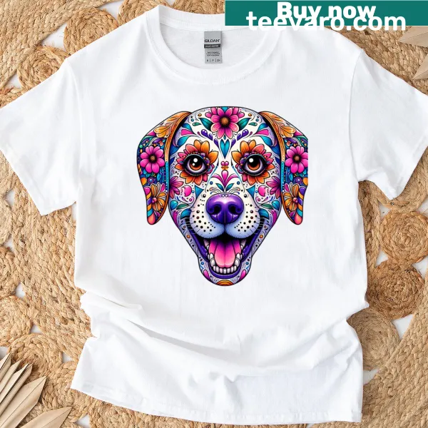 Sugar skull T-shirt featuring floral design and dog theme