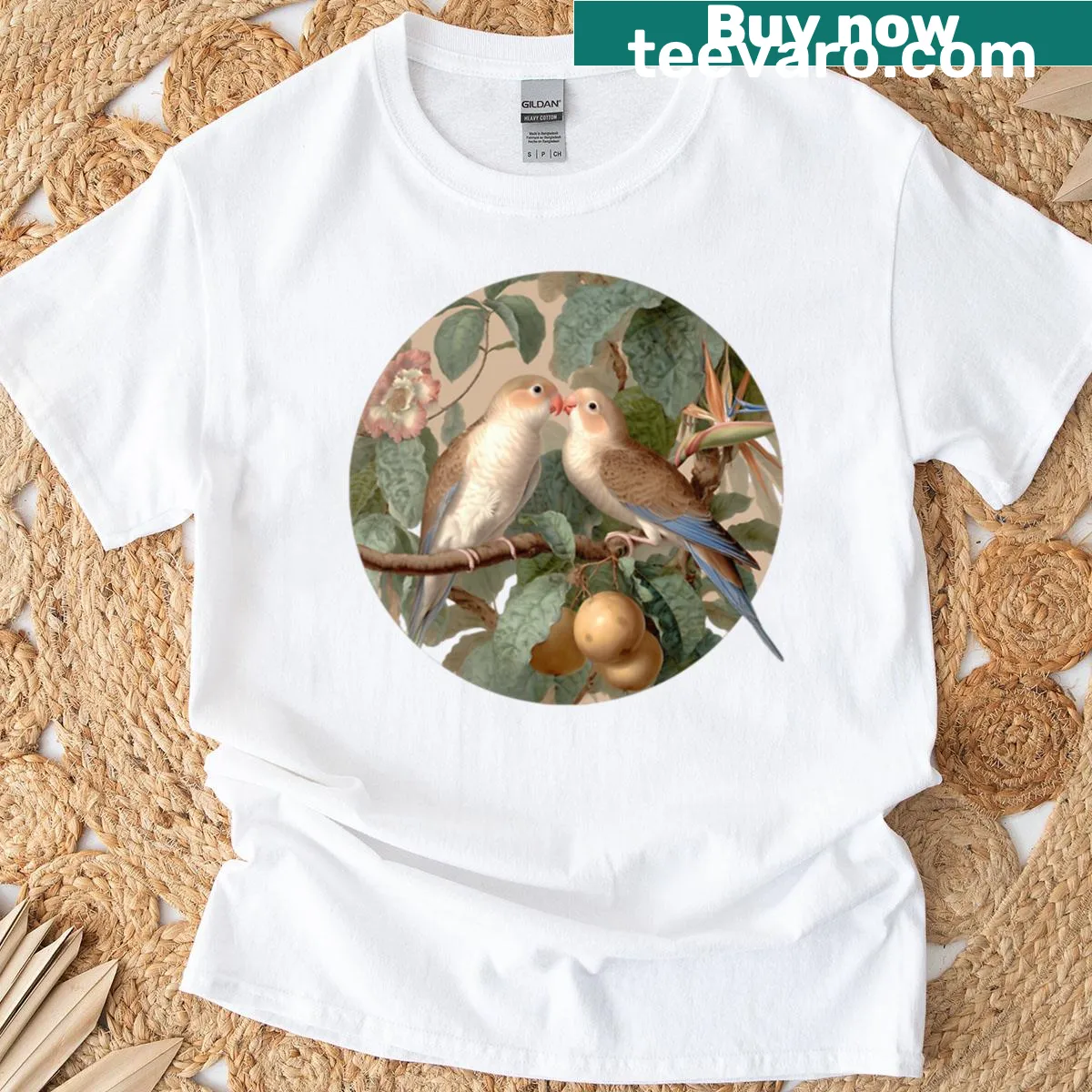 Vintage t-shirt with botanical lovebirds in a medallion design — on a men's t-shirt