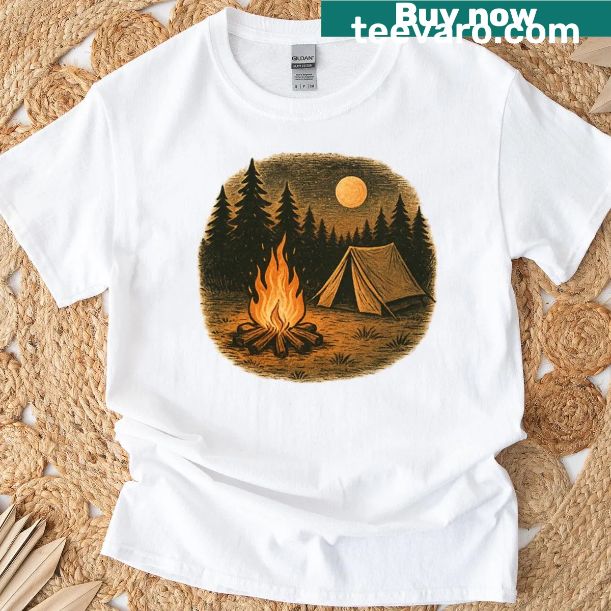 Vintage campsite illustration on a T-shirt celebrating outdoor adventures — on a men's t-shirt