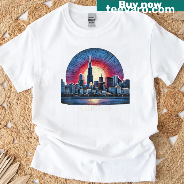 Vintage Chicago skyline T-shirt featuring a night scene of the city