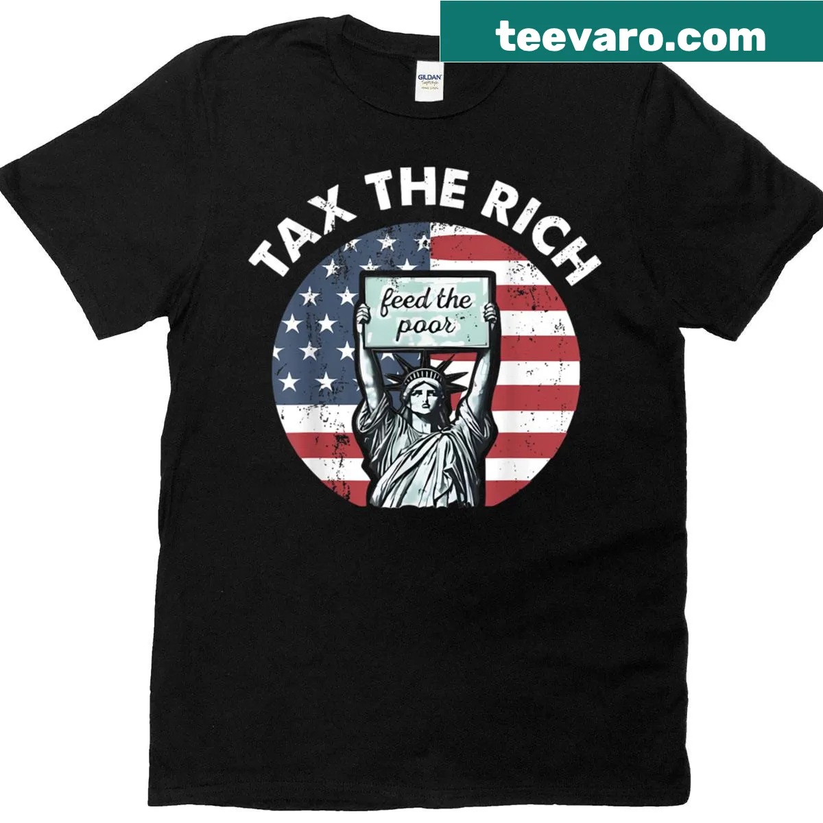 Vintage distressed T-shirt with 'Tax The Rich, Feed The Poor' graphic — on a men's t-shirt