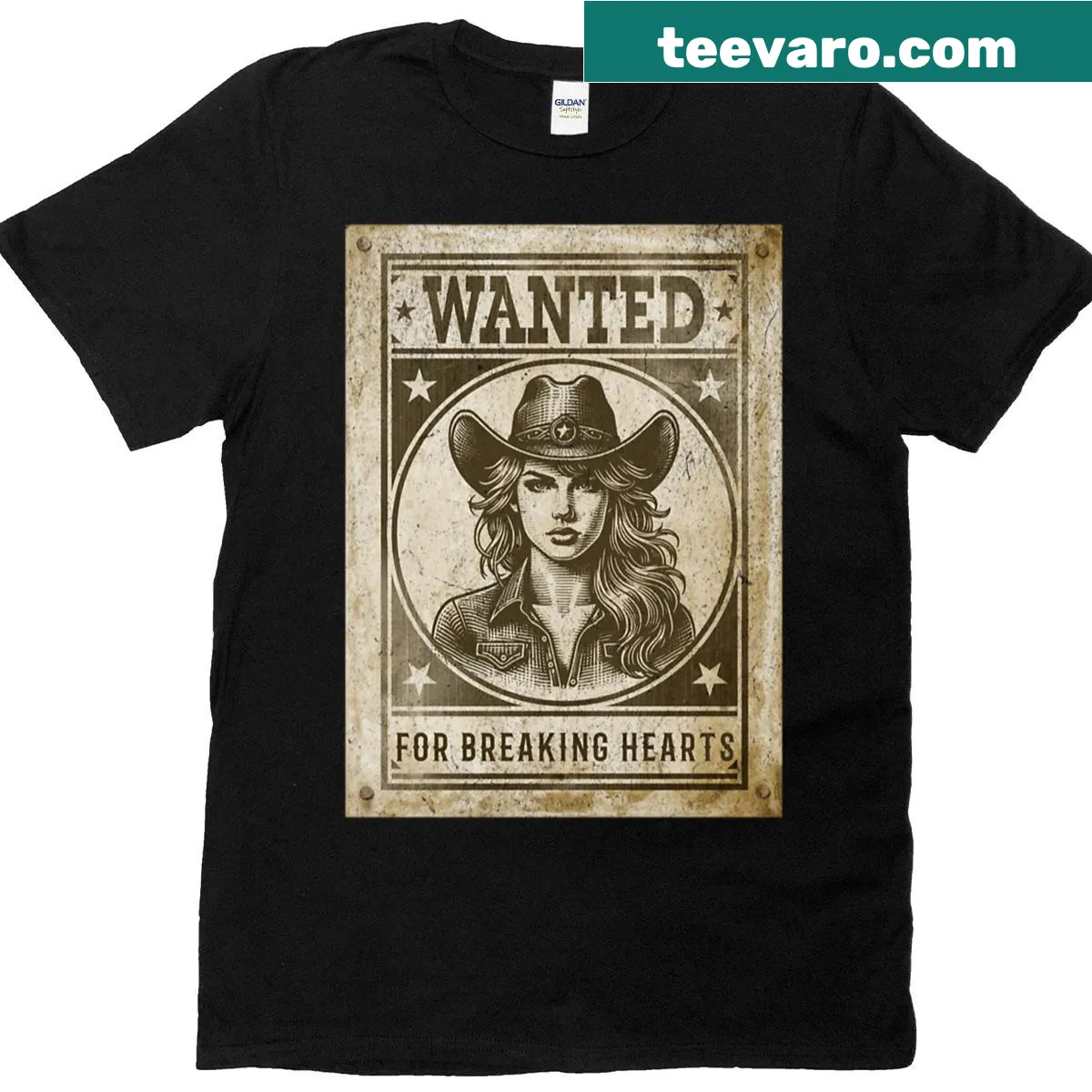 T-shirt with bold text 'Wanted For Breaking Hearts' and Western theme — on a men's t-shirt