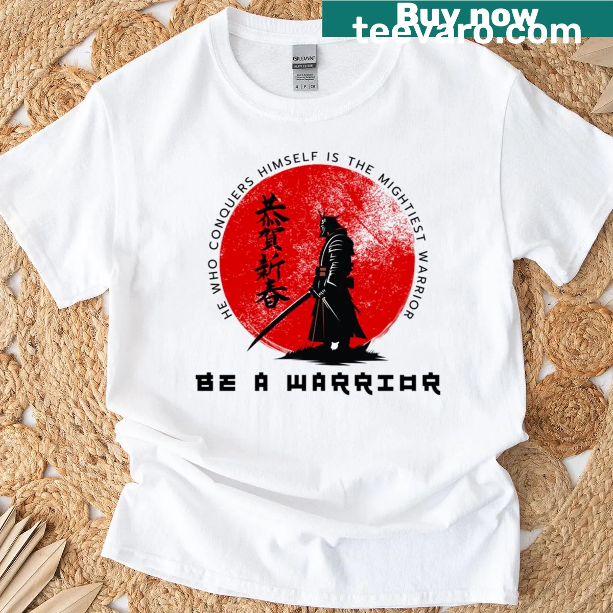 Illustrative T-shirt reflecting warrior culture and strength — on a men's t-shirt