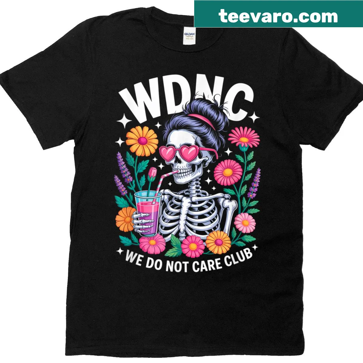 T-shirt featuring 'We Do Not Care Club' with skeleton and floral design — on a men's t-shirt