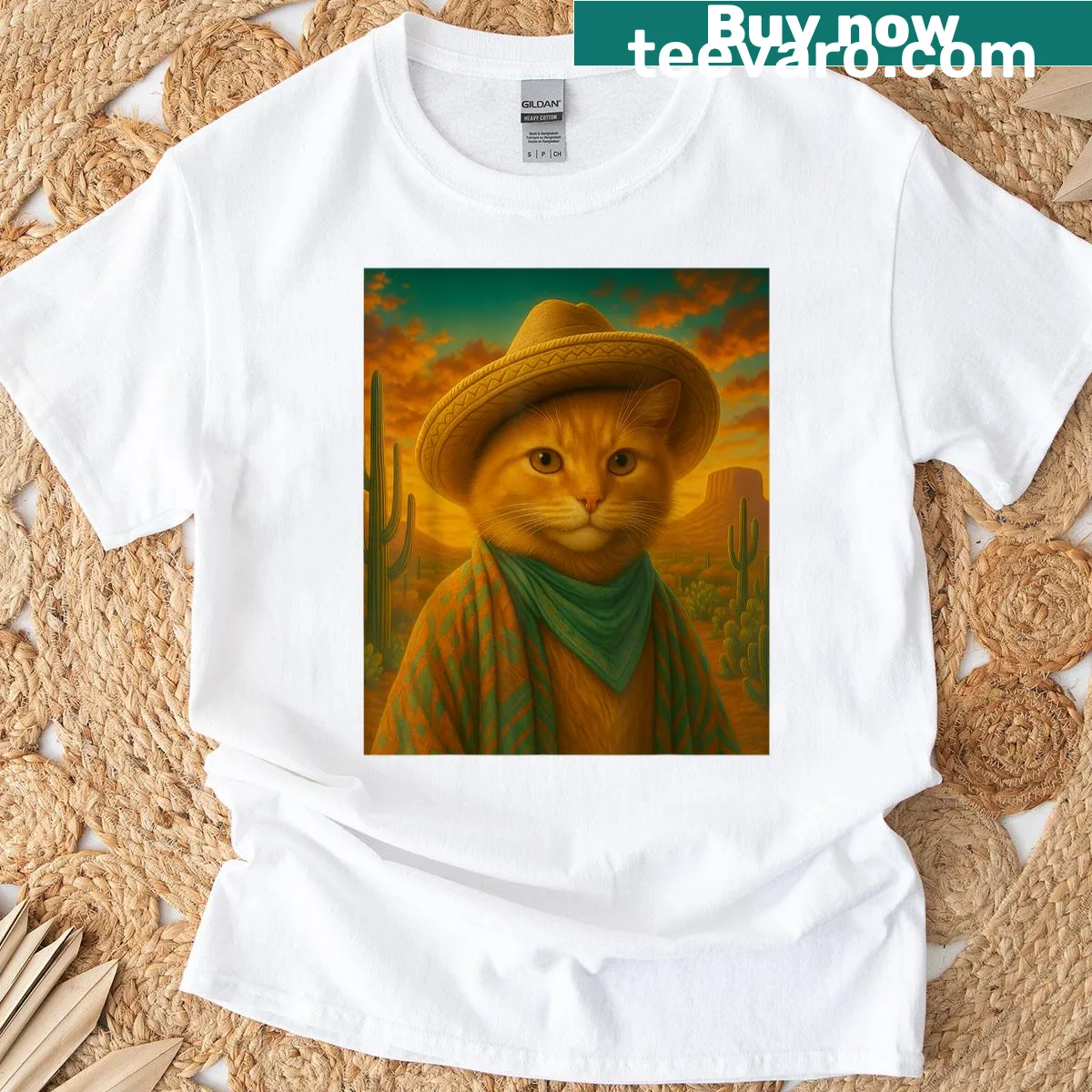 Tabby cat with sombrero and cacti illustration on T-shirt — on a men's t-shirt