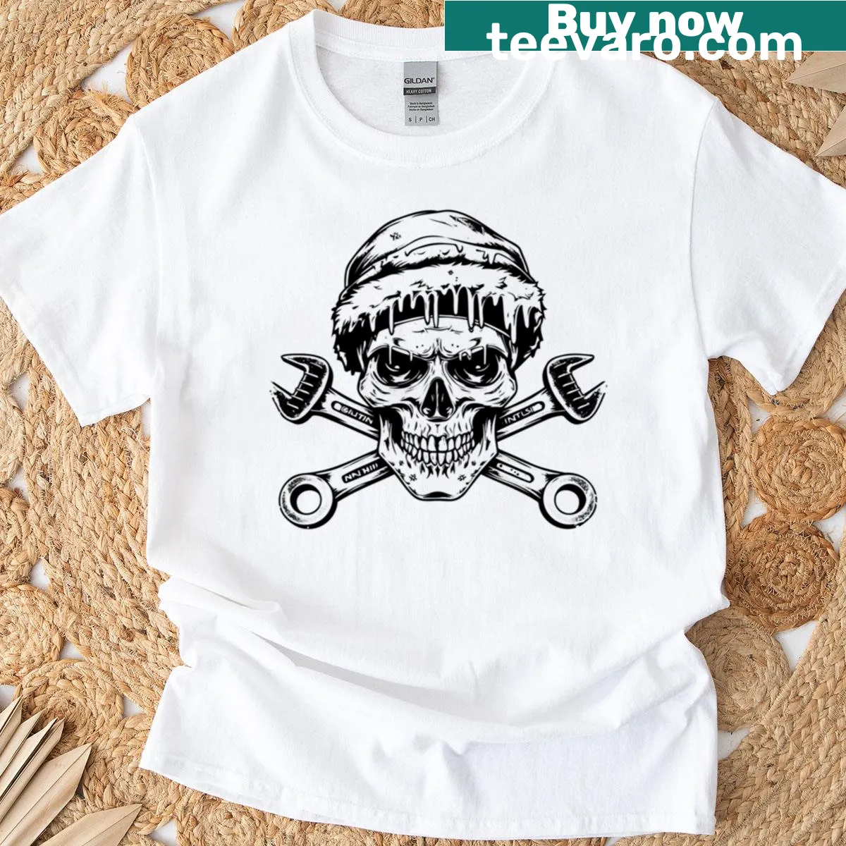 Skull with wrenches illustration on mechanic T-shirt — on a men's t-shirt