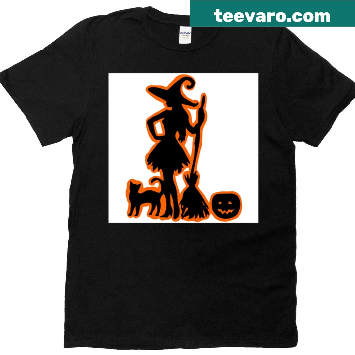 Halloween T-shirt with a cute witch cat and pumpkin illustration — on a men's t-shirt
