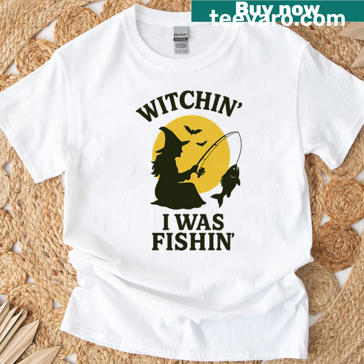 Funny Halloween t-shirt with a witch fishing graphic — on a men's t-shirt