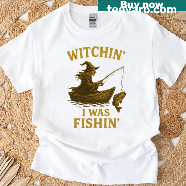 Vintage Halloween t-shirt with 'Witchin I Was Fishin' text