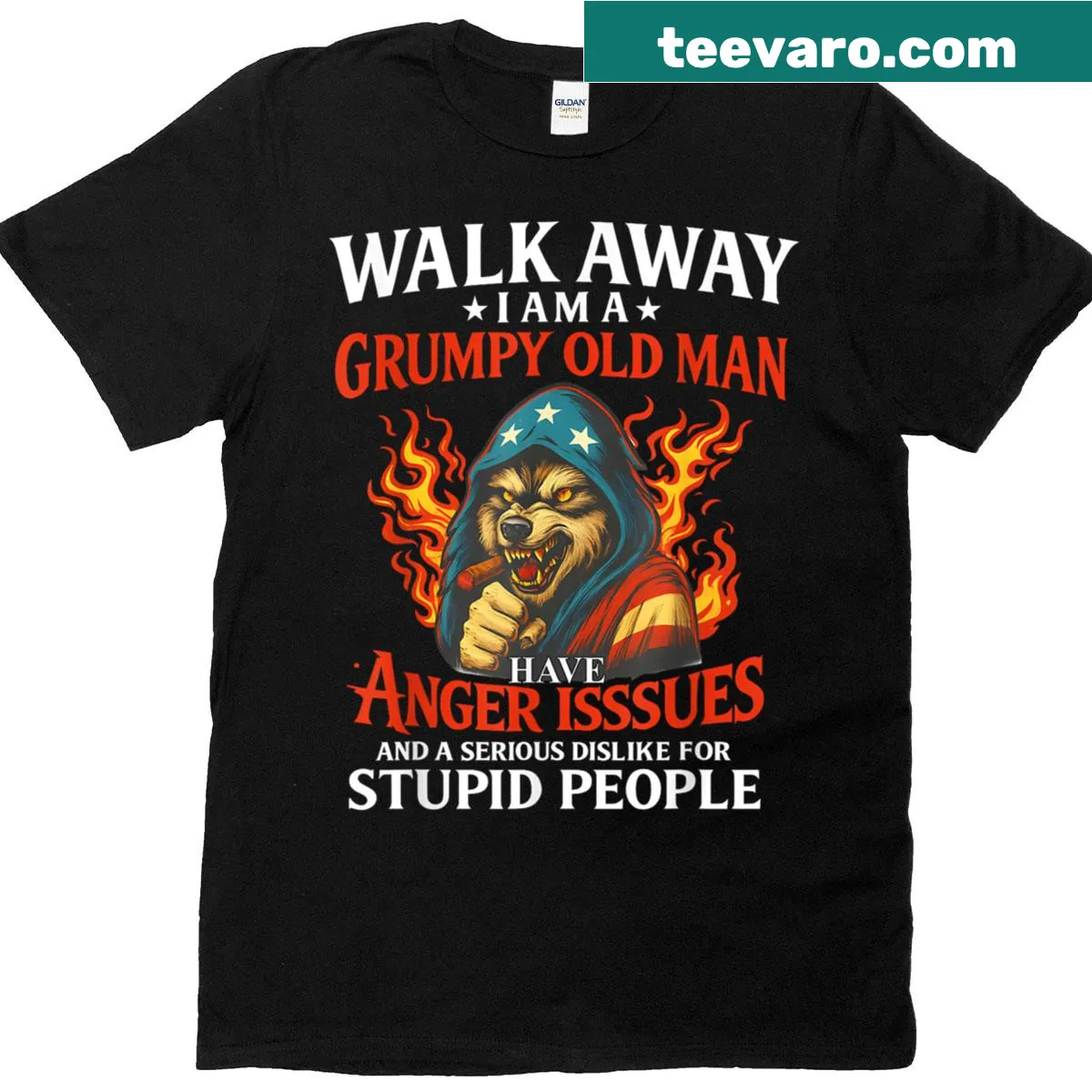 Edgy T-shirt with wolf graphic and quote about being a grumpy old man — on a men's t-shirt