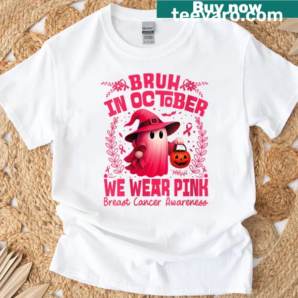 Humorous Halloween tee with pink text for breast cancer awareness