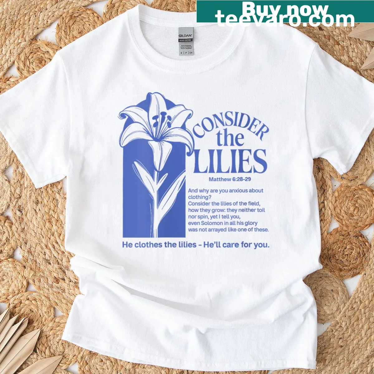 Christian T-shirt with 'Consider the Lilies' quote in elegant typography — on a men's t-shirt