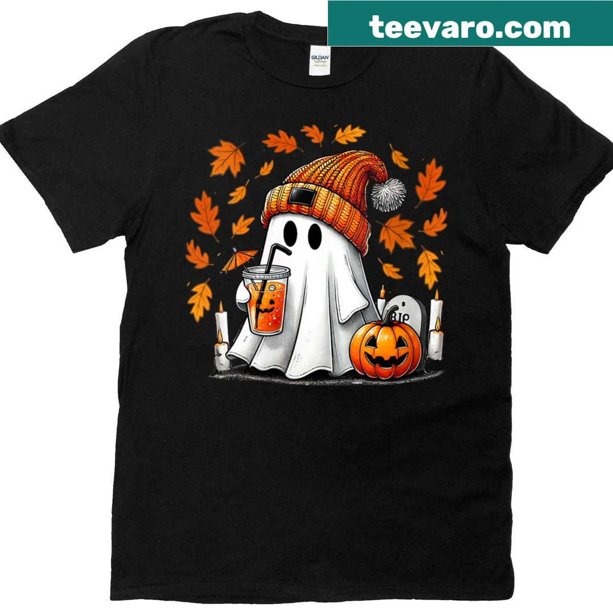 Cute ghost reading a book with autumn leaves graphic — on a men's t-shirt