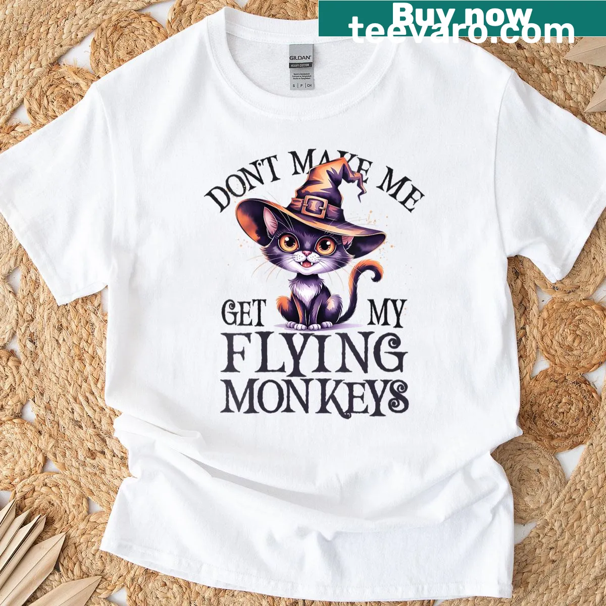 Funny Halloween T-shirt with flying monkeys and witch theme — on a men's t-shirt