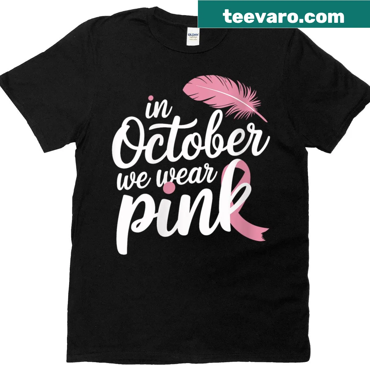October awareness T-shirt with 'In October We Wear Pink' text — on a men's t-shirt