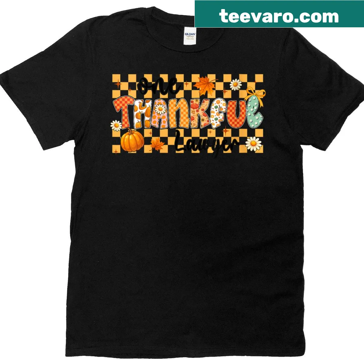 Thankful Lawyer T-shirt featuring turkey and autumn leaves design. — on a men's t-shirt