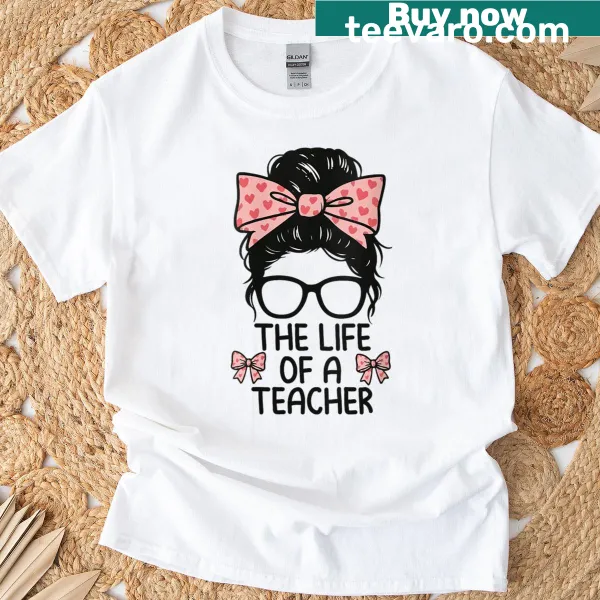 Teacher t-shirt with messy bun and bows graphic