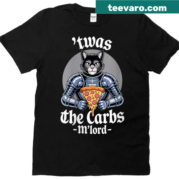 Cartoon cat knight holding pizza on T-shirt