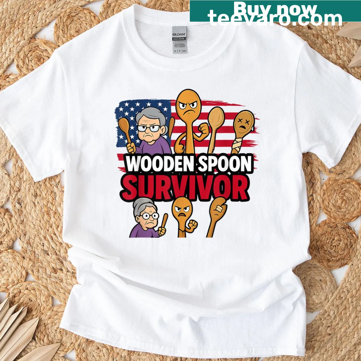 Funny cooking humor t-shirt with 'Wooden Spoon Survivor' text — on a men's t-shirt