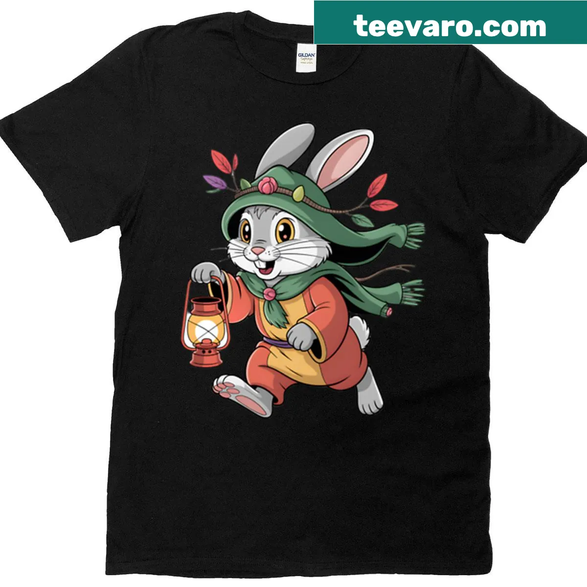 Illustration of a rabbit with a glowing lantern in a woodland setting — on a men's t-shirt